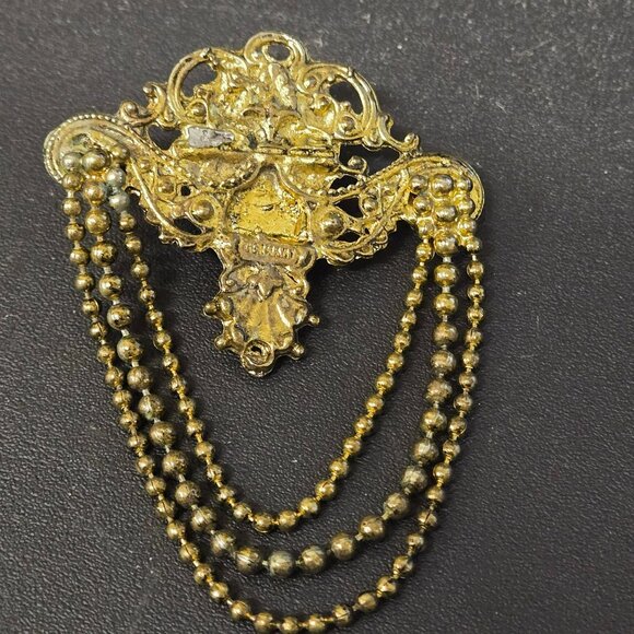 VTG Germany Baroque Revival Gold Tone Brooch Black Cabochon Rhinestones FLAW - Picture 5 of 10